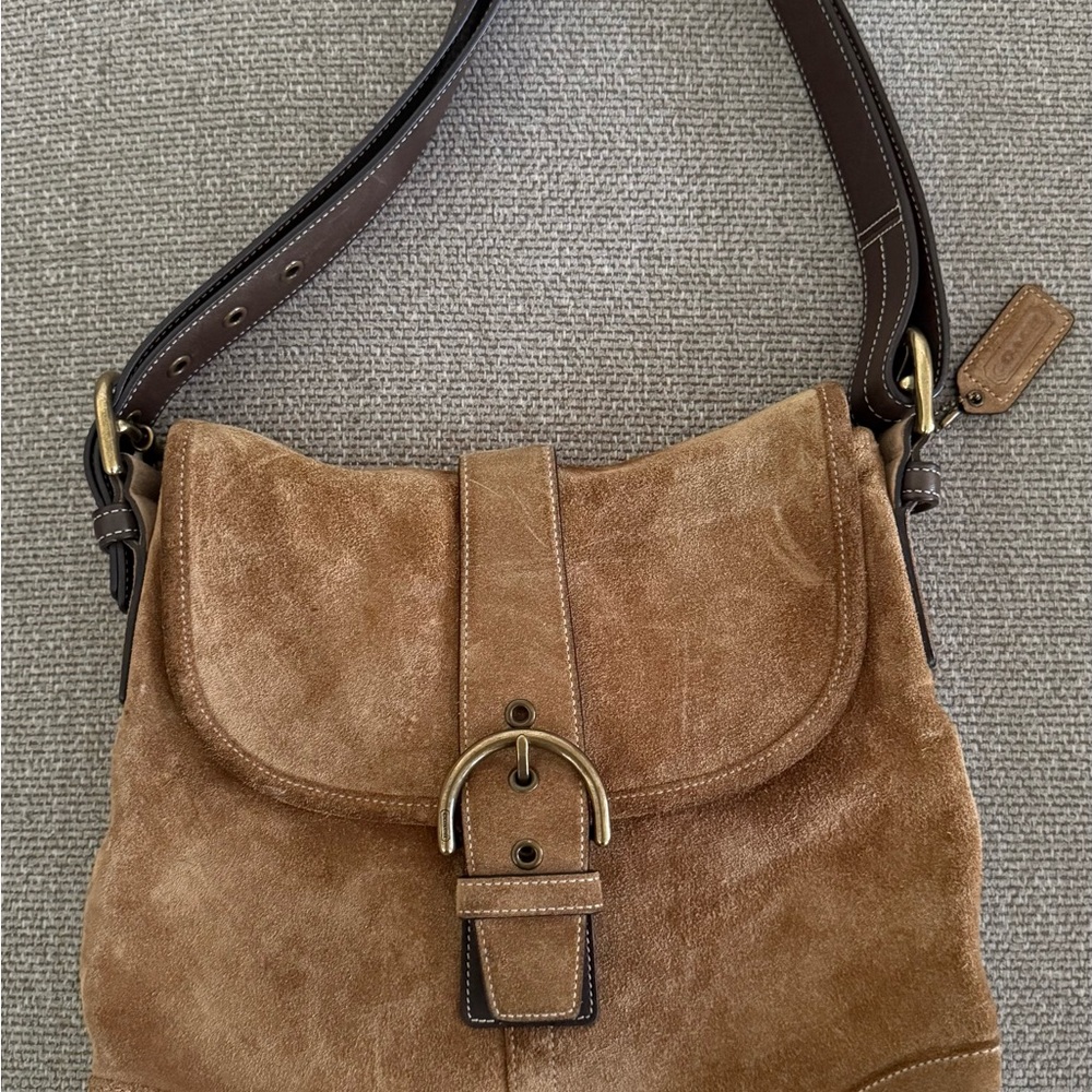 Coach Brown Suede Shoulder Bag with Brass Buckle